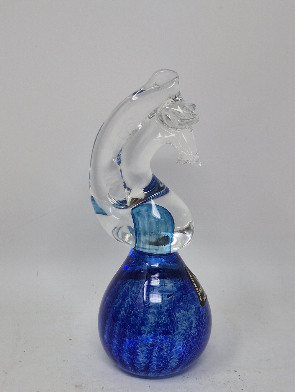 Art Glass Clear Seahorse On Blue Base